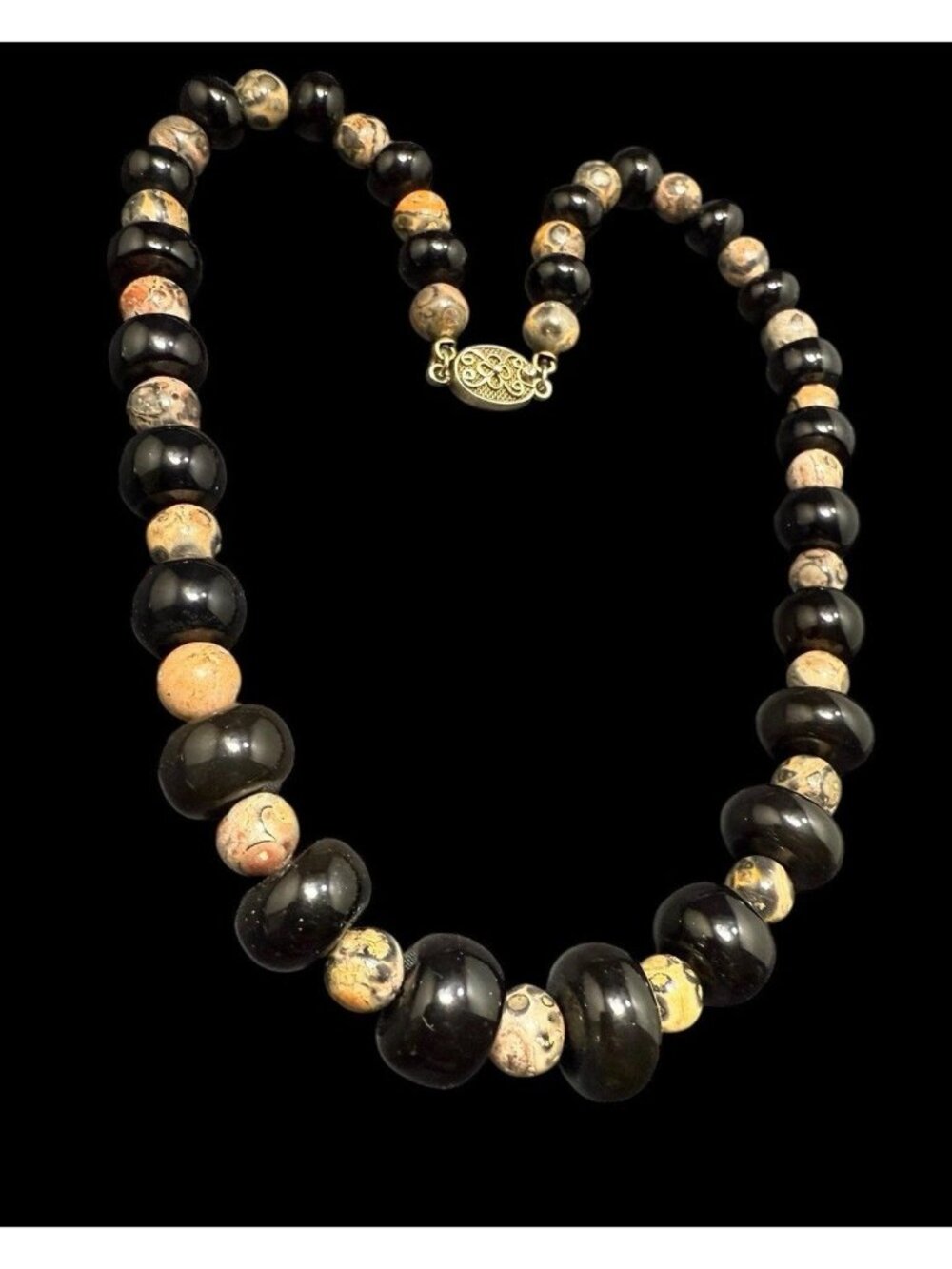 925 Black Onyx Multicolor Agate Beaded Necklace Sterling Silver Clasp 17”